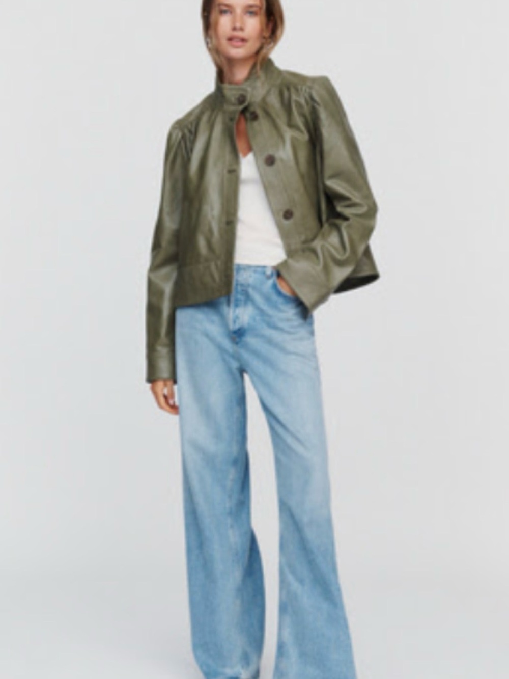 Anthropologie Olive Green Leather Button-Front Swing Jacket